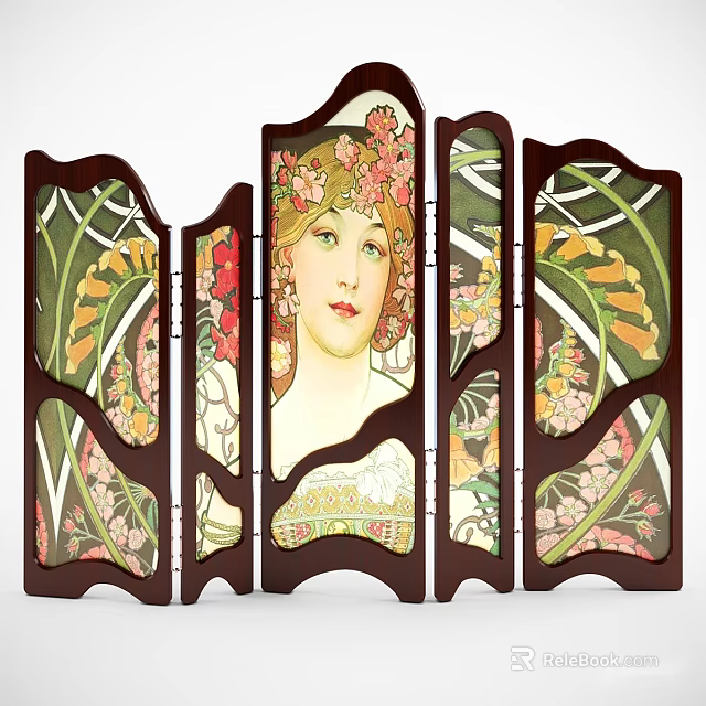Vintage Decorative Screen With Female Portrait And Floral Wooden Frame Design 3d model 