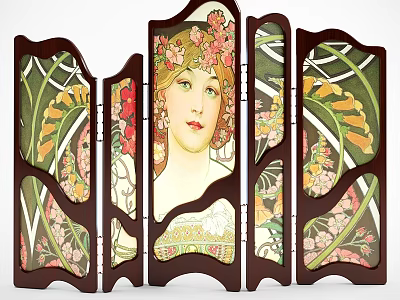 Vintage Decorative Screen With Female Portrait And Floral Wooden Frame Design 3d model
