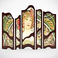 Vintage Decorative Screen With Female Portrait And Floral Wooden Frame Design