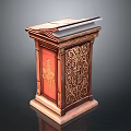 Ornate Wooden Pulpit With Carved Decorations And Open Book On Top