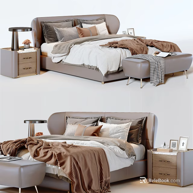 Modern Double Bed Setup With Bedside Tables Ottoman Pillows And Cozy Blankets 3d model 