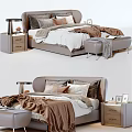 Modern Double Bed Setup With Bedside Tables Ottoman Pillows And Cozy Blankets