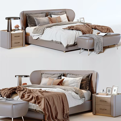 Modern Double Bed Setup With Bedside Tables Ottoman Pillows And Cozy Blankets 3d model