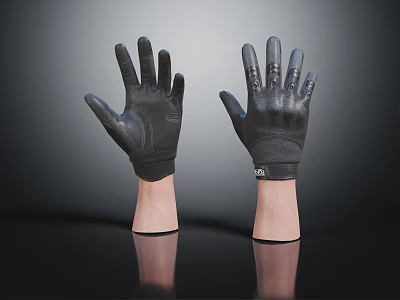 Black Leather Gloves With Shiny Surface Displayed On Mannequin Hands Against Dark Background 3d model