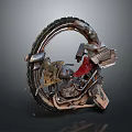 Rustic Retro Futuristic Motorcycle With Red Seat And Unique Circular Mechanical Frame 3d model