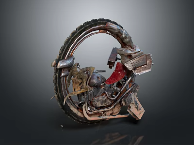 Rustic Retro Futuristic Motorcycle With Red Seat And Unique Circular Mechanical Frame 3d model