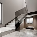 Modern Staircase With Marble Steps Glass Railing And City View Through Large Window 3d model