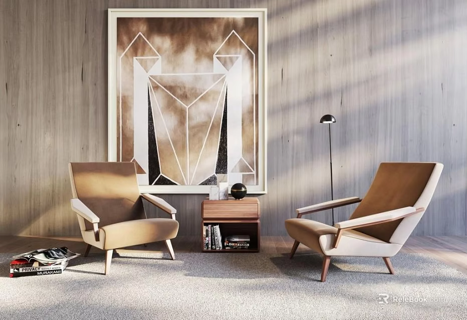 Leisure Sofa Set With Two Armchairs Wooden Wall Decorative Painting Side Table And Floor Lamp 3d model 