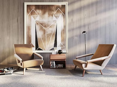 Leisure Sofa Set With Two Armchairs Wooden Wall Decorative Painting Side Table And Floor Lamp 3d model