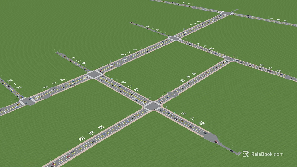 Road Facilities Design Featuring Cross Intersection Multiple Traffic Lanes And Green Belts 3d model