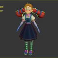 Game And Movie Character With Red Pigtails Blue Pinafore White Shirt Striped Socks Red Shoes