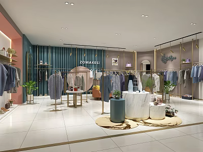Modern Clothing Store Interior With Stylish Clothing Displays Hangers And Decorative Plants 3d model