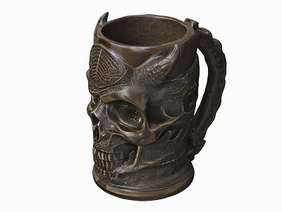 Antique Skull Carved Mug With Decorative Horns And Intricate Handle Design 3d model