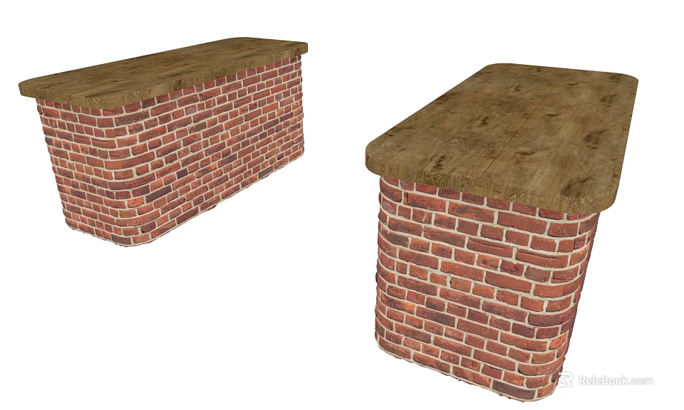 Rustic Kitchen Island with Red Brick Base and Wooden Countertop Surface 3d model