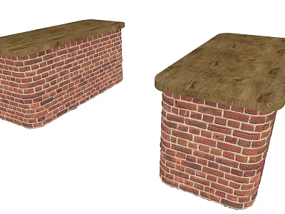 Rustic Kitchen Island with Red Brick Base and Wooden Countertop Surface 3d model