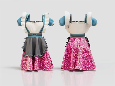 Cute Traditional Dresses With White Bodice Blue Sleeves Black Aprons And Pink Floral Skirts 3d model