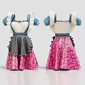 Cute Traditional Dresses With White Bodice Blue Sleeves Black Aprons And Pink Floral Skirts