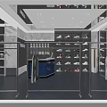 Modern Clothing Store Interior With Hanging Clothes Shoe Shelves And Counter