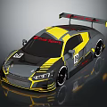 Gray And Yellow Race Car With Red Sport Logo Rear Wing And Number 18