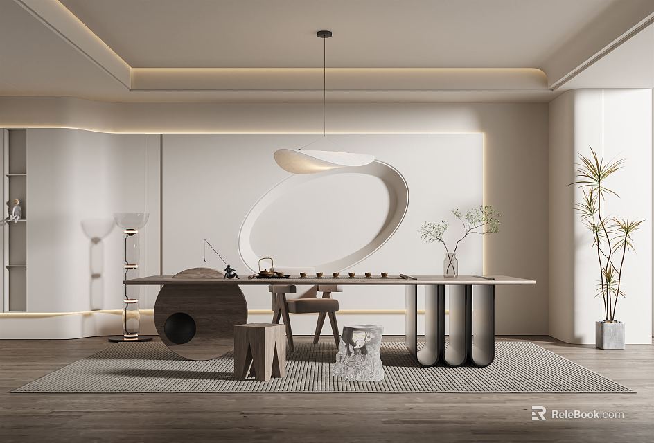 Elegant Tea Room Interior With Modern Round Pendant Light And Wooden Table 3d model 