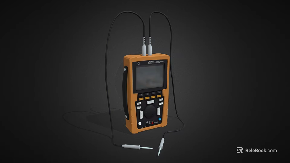 Yellow Digital Handheld Measuring Instrument With Screen Buttons And Test Probes 3d model 