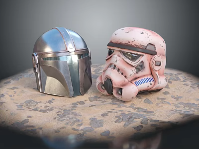 Two Stylish Helmets Metallic Silver And Pink Weathered Design On Sandy Base 3d model