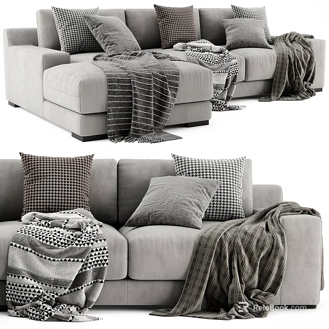 Modern Light Gray L shaped Sofa Set With Cozy Throw Pillows And Textured Blankets 3d model 