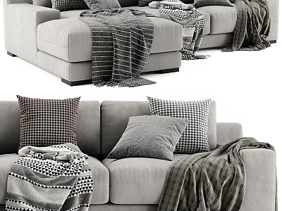 Modern Light Gray L shaped Sofa Set With Cozy Throw Pillows And Textured Blankets 3d model