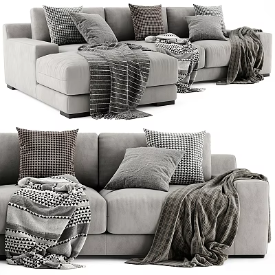 Modern Light Gray L shaped Sofa Set With Cozy Throw Pillows And Textured Blankets 3d model