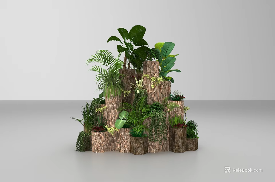 Natural Multi Tiered Floral Installation With Layered Green Plants And Wooden Bark Design 3d model 