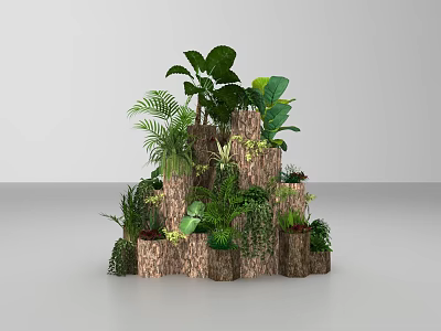 Natural Multi Tiered Floral Installation With Layered Green Plants And Wooden Bark Design 3d model