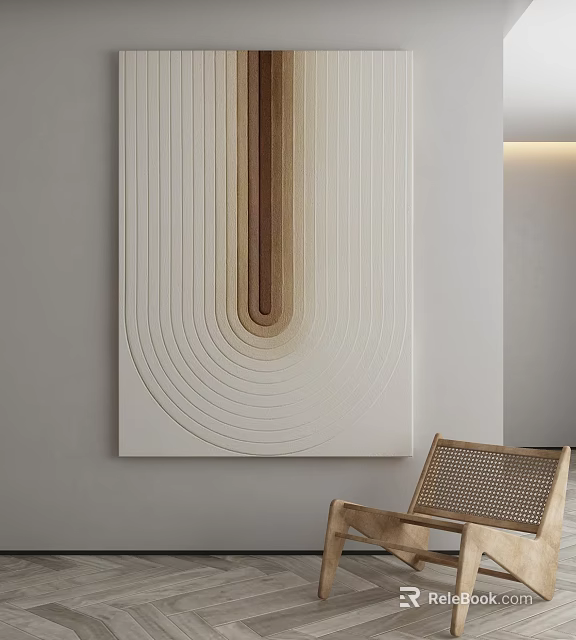 Abstract Painting Featuring Concentric Curved Lines And Vertical Wooden Strip In Neutral Tones 3d model 