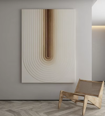 Abstract Painting Featuring Concentric Curved Lines And Vertical Wooden Strip In Neutral Tones 3d model