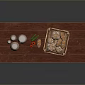 Rustic Wooden Table With Clay Jars Red Berries Nuts And Bread Crate