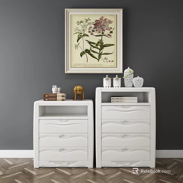 White Dressers with Decorative Books Globe Jars and Framed Art Against Gray Wall 3d model 