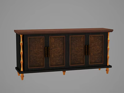 Dark Wood Sideboard with Gold Bamboo Accents and Textured Cabinet Doors 3d model