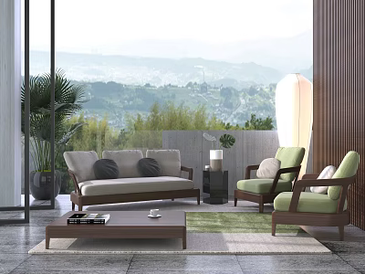 Modern Living Room Sofa Coffee Table Set With Green Chairs And Mountain View 3d model