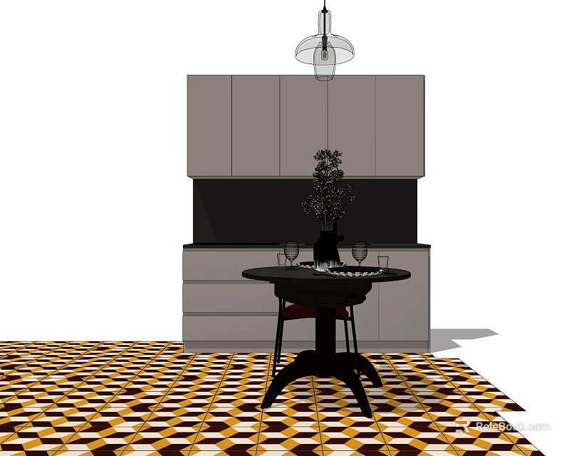Modern Dining Table Set With Gray Cabinets Pendant Light And Geometric Floor 3d model
