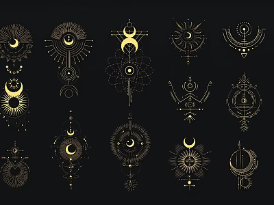 Gold Celestial Wall Decor With Moon Sun And Geometric Patterns Design 3d model