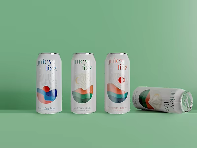 Juicy Fizzy Drink Cans On Green Background With Three Standing And One Fallen 3d model