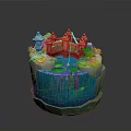 Miniature Decorative Scene with Red Bridge Blue Water Green Plants and Pagoda Structures