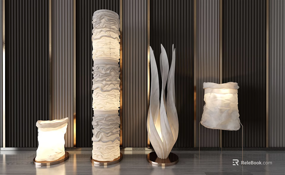 Modern Artistic Floor Lamps With Textured Leaf Shaped Pleated Designs And Metal Base 3d model 