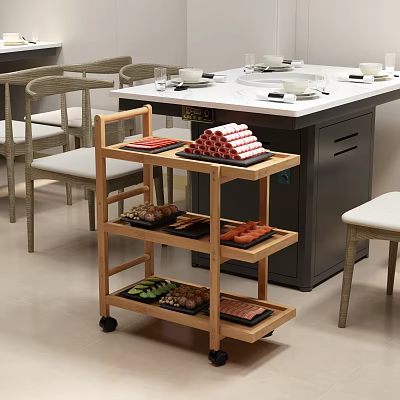 Wooden Three Tier Serving Cart With Wheels For Dining Room Food 3d model