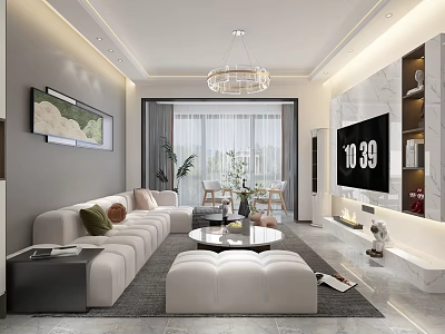 Modern Living Dining Room with Beige Sofa Coffee Table Crystal Chandelier and Marble TV Wall 3d model
