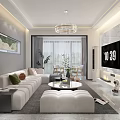 Modern Living Dining Room with Beige Sofa Coffee Table Crystal Chandelier and Marble TV Wall