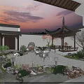 Traditional Chinese Garden Landscape With Pavilion Rock Formations Stone Paving And Sunset Lighting