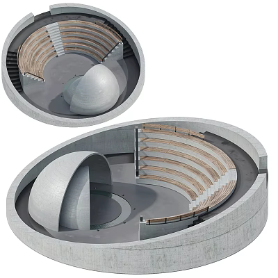 Circular Architectural Interior Design Featuring Curved Wooden Seats Gray Concrete Structure And Open Layout 3d model