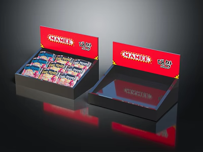 Red Open Front Display Shelves With Brand Signage For Packaged Goods And Reflective Base 3d model