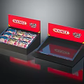 Red Open Front Display Shelves With Brand Signage For Packaged Goods And Reflective Base