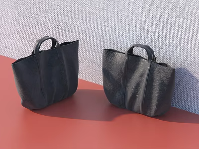 Two Black Leather Handheld Bags On Red Surface With Gray Textured Wall 3d model